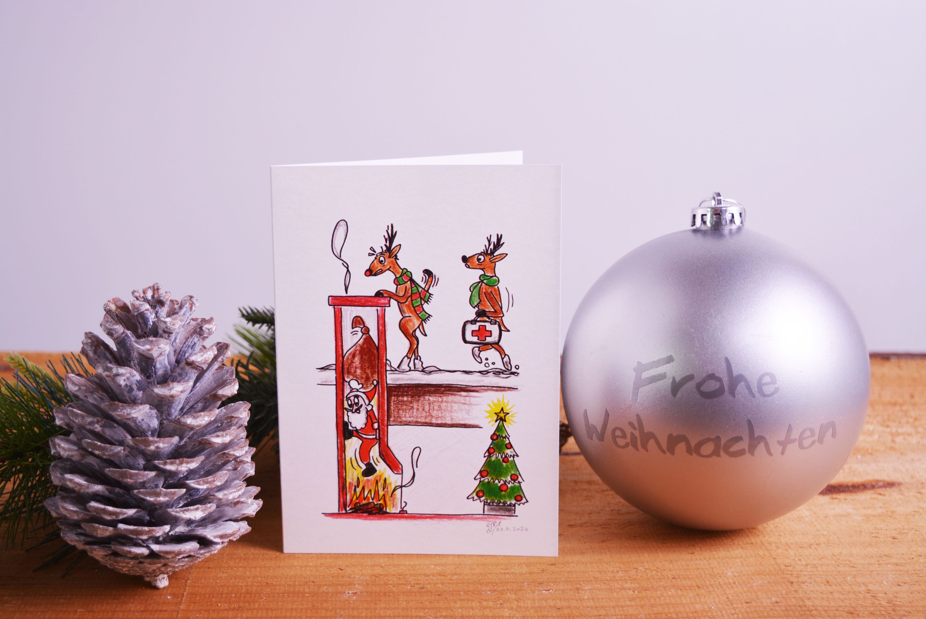 Weihnachtskarte, Schornstein und Rentiere