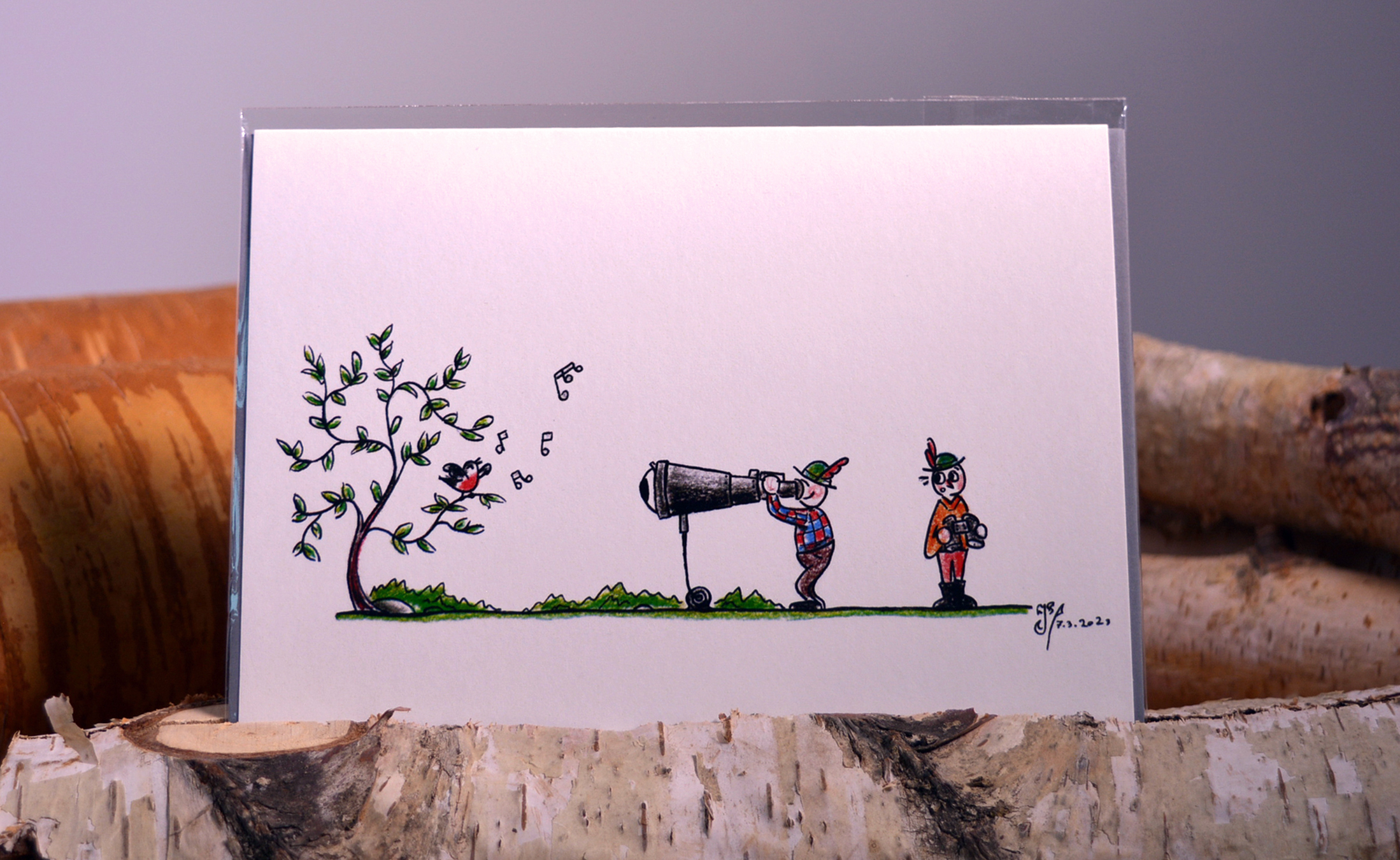 Klappkarte mit Jagdmotiv, Vogelgesang